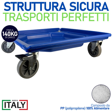 Carrello Portacestelli con Vasca e Freno cm.50x50, Polipropilene Alimentare, Made in Italy Genus Dei