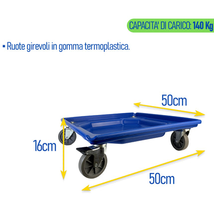 Carrello Portacestelli con Vasca e Freno cm.50x50, Polipropilene Alimentare, Made in Italy Genus Dei