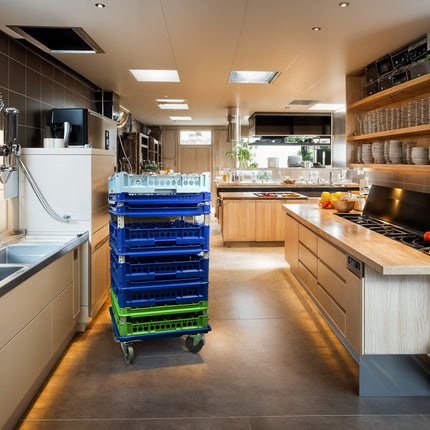 Carrello Portacestelli con Vasca e Freno cm.50x50, Polipropilene Alimentare, Made in Italy Genus Dei