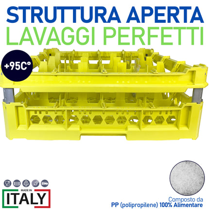 Cesta per Lavaggio 16 Bicchieri KIT 3 4x4 TOP Giallo, 50x50 cm, Made in Italy Genus Dei