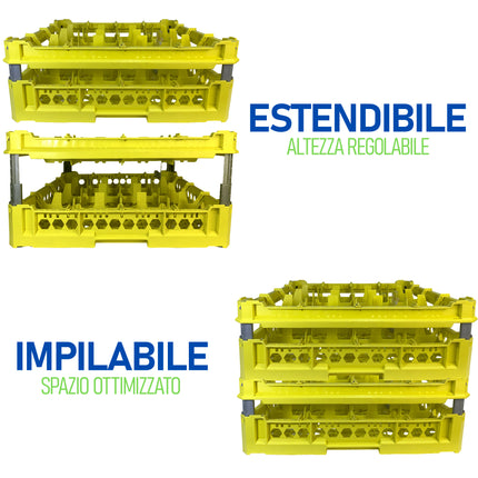 Cesta per Lavaggio 16 Bicchieri KIT 3 4x4 TOP Giallo, 50x50 cm, Made in Italy Genus Dei