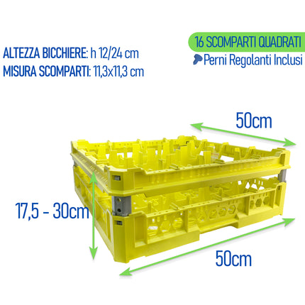 Cesta per Lavaggio 16 Bicchieri KIT 3 4x4 TOP Giallo, 50x50 cm, Made in Italy Genus Dei