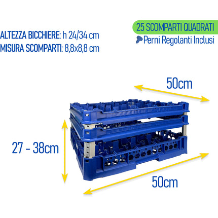Cesta per Lavaggio 25 Bicchieri KIT 4 5x5 TOP Blu, 50x50 cm, Made in Italy Genus Dei