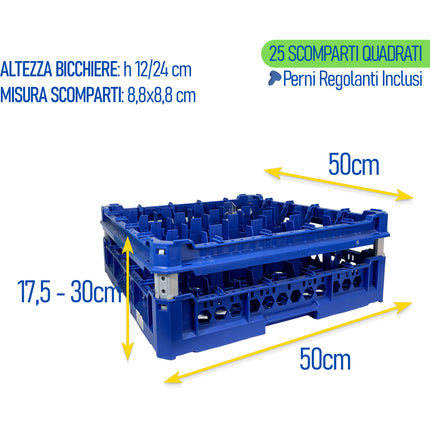 Cesta per Lavaggio 25 Bicchieri KIT 3 5x5 TOP Blu, 50x50 cm, Made in Italy Genus Dei