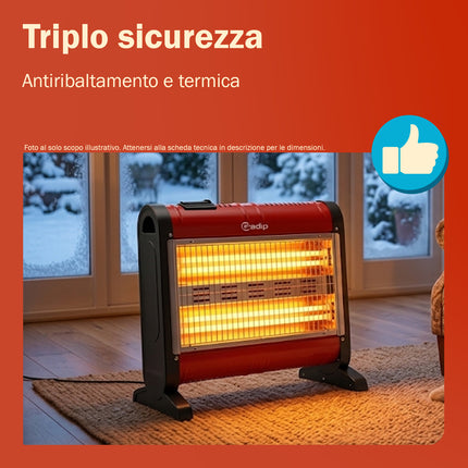 Gadip Oris Stufa al Quarzo 4 Elementi 1600W | Stufetta Elettrica con Termostato Regolabile, Protezione Termica e Sistema Antiribaltamento 42,6x20,3x37,3 cm Gadip