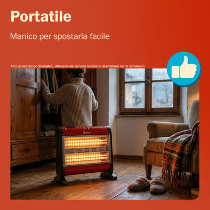 Gadip Oris Stufa al Quarzo 4 Elementi 1600W | Stufetta Elettrica con Termostato Regolabile, Protezione Termica e Sistema Antiribaltamento 42,6x20,3x37,3 cm Gadip