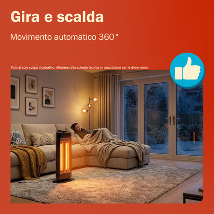 Gadip Tyson Stufa al Carbonio 1000W | Stufetta Elettrica Oscillante in ABS con 2 Livelli di Potenza 500/1000W e Sistema di Sicurezza Antiribaltamento 25x13,5x70 cm Gadip