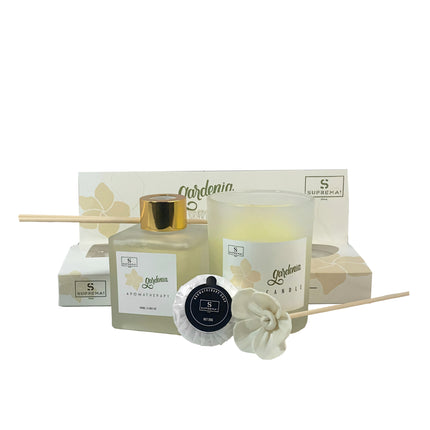 Suprema Set Diffusore Ambienti Bastoncini + Aromaterapia Idea Regalo + Home Decor Box + 100ml Olio & Candela Gardenia D&D Casalinghi