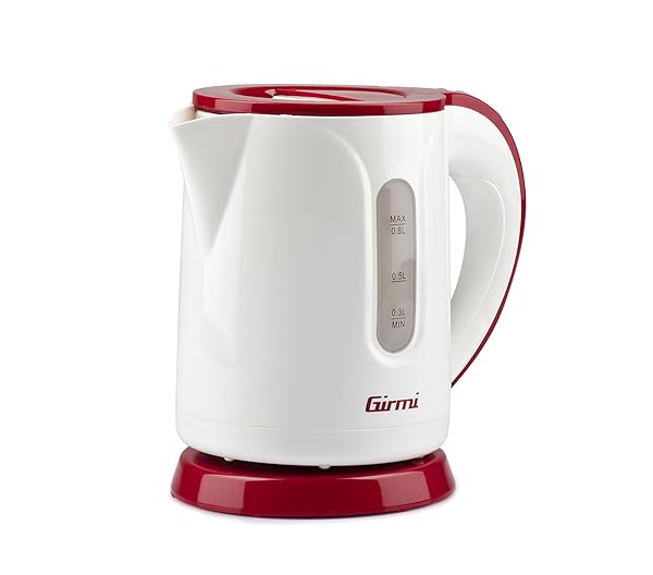 Girmi BL1000 Bollitore, 1100 W, Capacità 0,8L, Spegnimento automatico, Base con rotazione 360°, Sistema di sicurezza antisurriscaldamento, Plastico, Bianco/Rosso Girmi