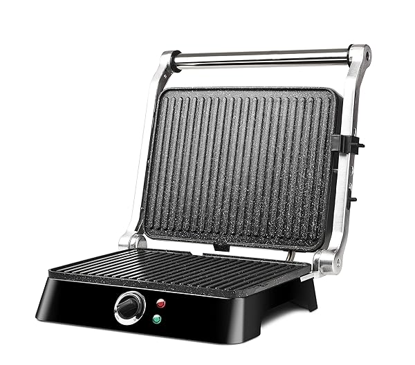 Girmi BS44 Bistecchiera elettrica effetto Petravera, Corpo Inox, Apertura a libro 180°, Cassetto raccolta liquidi, RegolaPiastre 29 X 23 cm Girmi