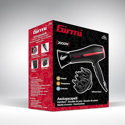 Girmi PH20 Asciugacapelli, 2000W, 2 velocità, 3 temperatura, Funzione getto d'aria fredda, Incluso diffusore, Nero/Rosso Girmi