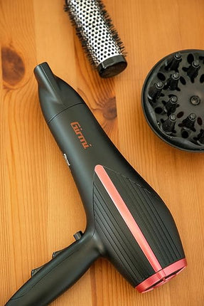 Girmi PH20 Asciugacapelli, 2000W, 2 velocità, 3 temperatura, Funzione getto d'aria fredda, Incluso diffusore, Nero/Rosso Girmi