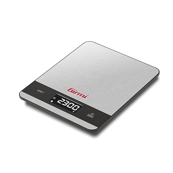 Girmi PS05 Bilancia da cucina Elettronica, 1 gr/5Kg, Piatto Inox, Display ad alta luminosità, Autospegnimento, Funzione TARA, Indicatori di errore, Display 50 x 22 Girmi
