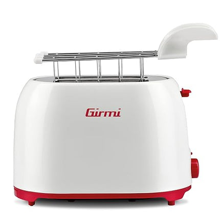 Girmi TP10 Tostapane, 750 W, Pinze estraibili inox, 7 livelli di cottura, Funzione tostafetta, Raccogli briciole, Espulsione automatica, Spegnimento automatico, Bianco/Rosso Girmi
