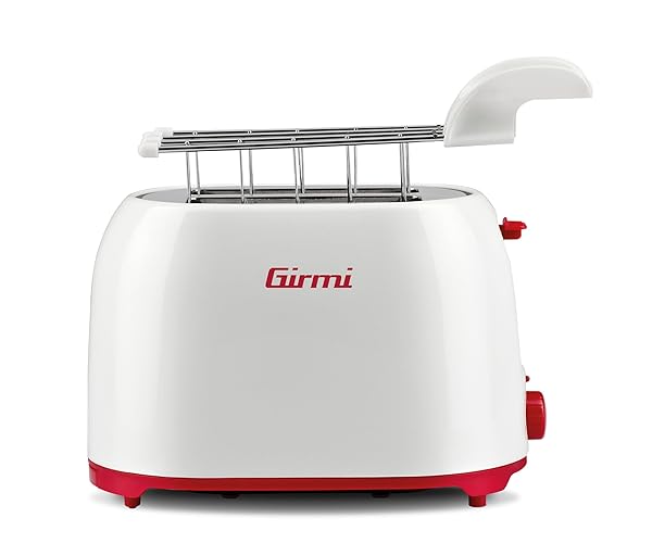 Girmi TP10 Tostapane, 750 W, Pinze estraibili inox, 7 livelli di cottura, Funzione tostafetta, Raccogli briciole, Espulsione automatica, Spegnimento automatico, Bianco/Rosso Girmi