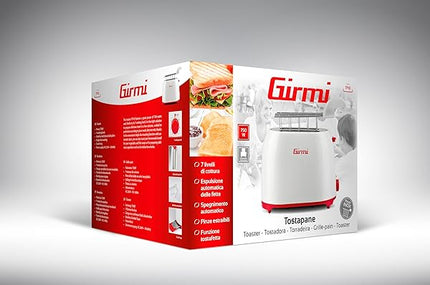 Girmi TP10 Tostapane, 750 W, Pinze estraibili inox, 7 livelli di cottura, Funzione tostafetta, Raccogli briciole, Espulsione automatica, Spegnimento automatico, Bianco/Rosso Girmi