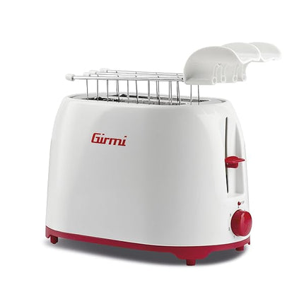 Girmi TP10 Tostapane, 750 W, Pinze estraibili inox, 7 livelli di cottura, Funzione tostafetta, Raccogli briciole, Espulsione automatica, Spegnimento automatico, Bianco/Rosso Girmi