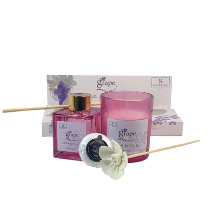 Suprema Set Diffusore Ambienti Bastoncini + Aromaterapia Idea Regalo + Home Decor Box + 100ml Olio & Candela Grape D&D Casalinghi