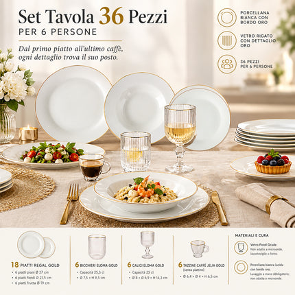 Set Tavola 36 Pezzi per 6 Persone, Piatti in Porcellana Bianca con Bordo Oro, Bicchieri e Calici in Vetro Rigato, Tazzine Caffè Tutto Tutto Meno Meno®