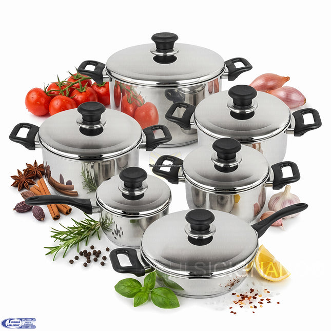 Batteria Pentole Blumenthal Bavaria 12 Pezzi – Acciaio Inox 18/10 T304 per Induzione e Gas, Fondo Termodiffusore 3 Strati, Coperchi Rimovibili Bavaria