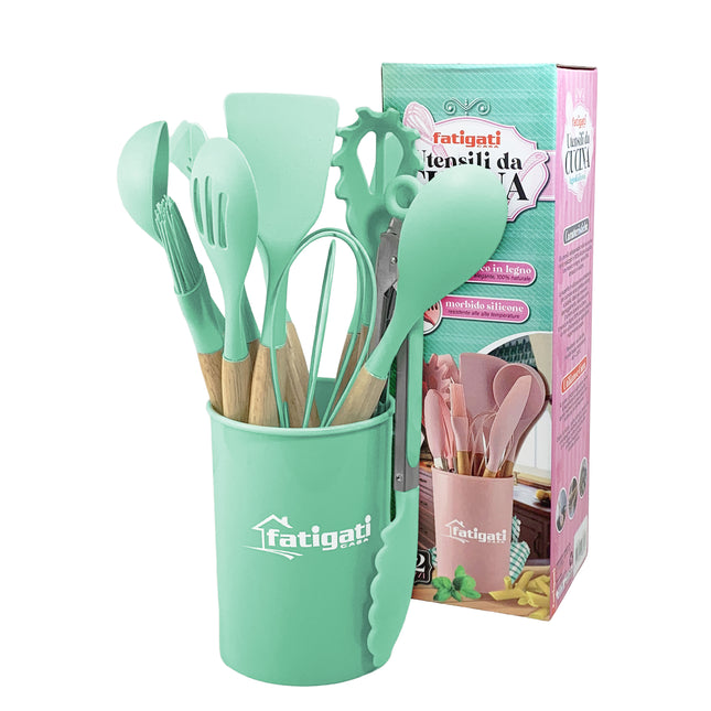 Set 12 Utensili Cucina in Silicone e Legno Naturale – Antiaderenti, Non Graffiano, Resistenti − 40 ° / + 230 ° C −40°/+230°C, BPA Free – Con Contenitore Fatigati