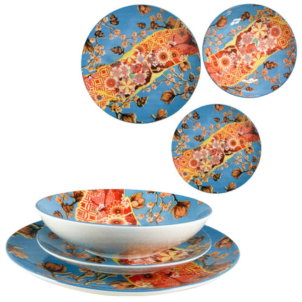 Piatti in Porcellana Japan Stile Kintsugi – Pezzi Singoli e Set 18 Pezzi per 6 Persone, Lavabili in Lavastoviglie e Utilizzabili in Microonde Servizio Completo 18 pz (6 pz Fondo - 6 pz Dessert - 6 pz Piano) Arca