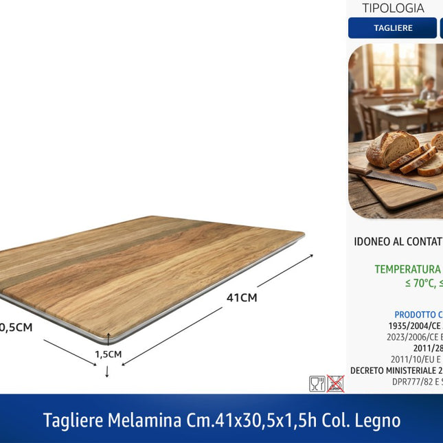 Tagliere Melamina Cm.41x30,5x1,5h Col. Legno IBCT
