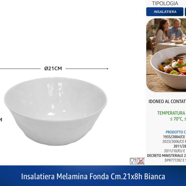 Insalatiera Fonda in Melamina Bianca – Ciotola Resistente per Casa e Buffet Ø 21 x 8h cm IBCT