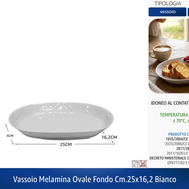 Vassoio Ovale Fondo in Melamina Bianca – Piatti da Portata Infrangibili per Casa e Ristorazione 25 x 16.2 x 4h cm IBCT