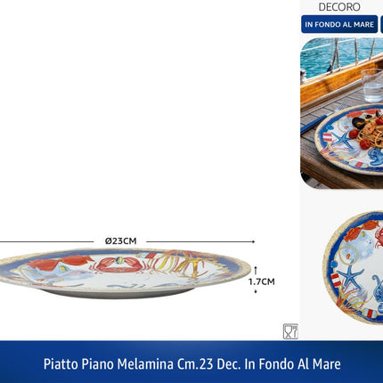 PIATTO PIANO MELAMINA CM.23 DEC.IN FONDO AL MARE IBCT