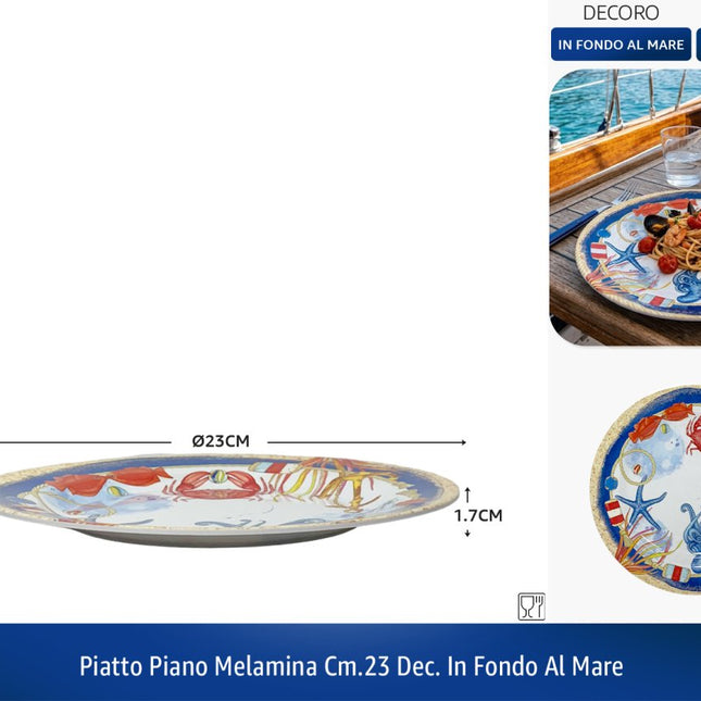 PIATTO PIANO MELAMINA CM.23 DEC.IN FONDO AL MARE IBCT