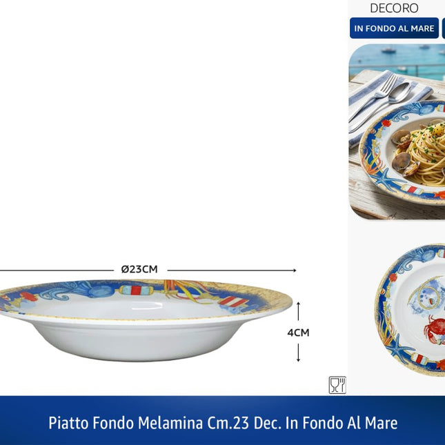 Piatto Fondo in Melamina 23 cm Decoro In Fondo al Mare | Piatti Estivi Infrangibili IBCT