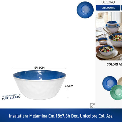INSALATIERA MELAMINA FONDA DEC.UNICOLORE COL. ASS. 18x7.5h cm IBCT