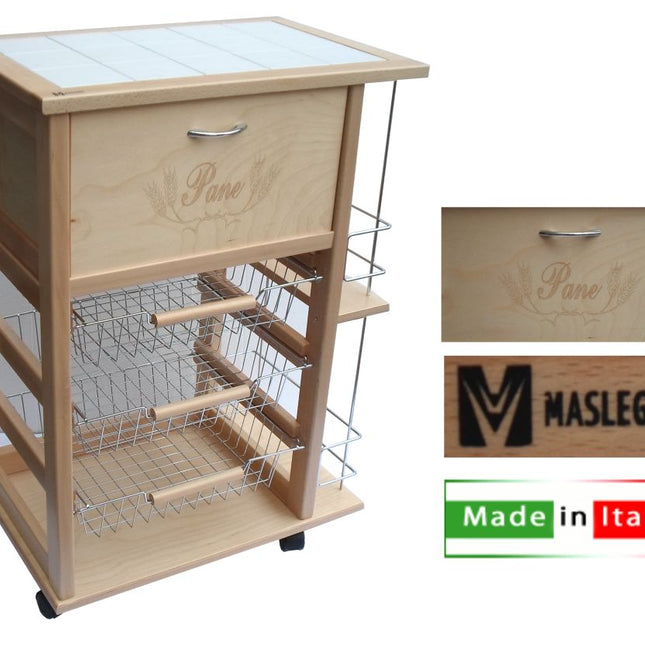 Maslegno Carrello Vesuvio Salvaspazio con Cassetto, Portapane e Porta Bottiglie Maslegno