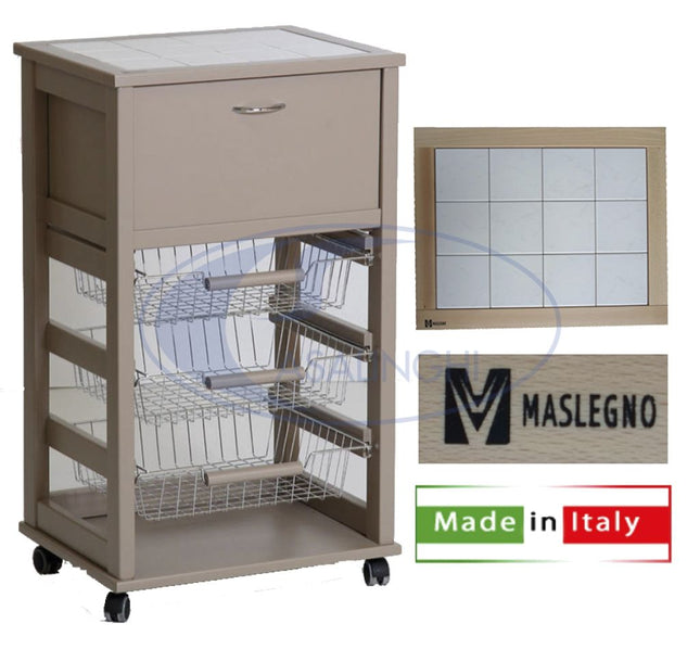 Maslegno Carrello Vesuvio Salvaspazio con Cassetto, Portapane e Porta Bottiglie Tortora 49x39x84cm Maslegno