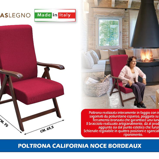 Poltrona California Noce in Faggio 75x65,5x112h cm – Schienale Regolabile, Imbottita in Poliuretano, Artigianale Made in Italy, Colori Beige/Bordeaux/Marrone