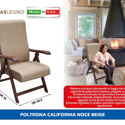Poltrona California Noce in Faggio 75x65,5x112h cm – Schienale Regolabile, Imbottita in Poliuretano, Artigianale Made in Italy, Colori Beige/Bordeaux/Marrone Beige Maslegno