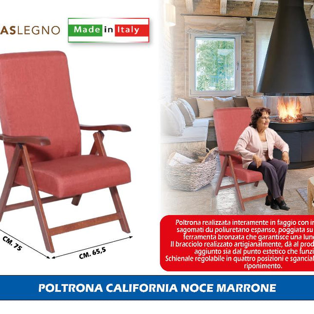 Poltrona California Noce in Faggio 75x65,5x112h cm – Schienale Regolabile, Imbottita in Poliuretano, Artigianale Made in Italy, Colori Beige/Bordeaux/Marrone