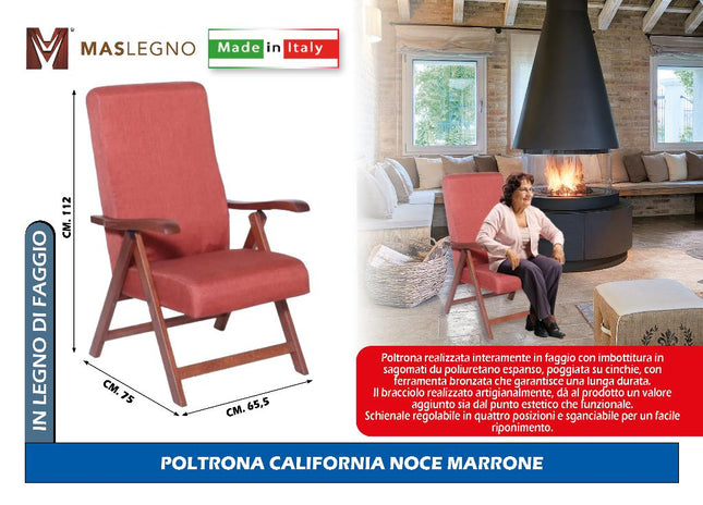 Poltrona California Noce in Faggio 75x65,5x112h cm – Schienale Regolabile, Imbottita in Poliuretano, Artigianale Made in Italy, Colori Beige/Bordeaux/Marrone Marrone Maslegno