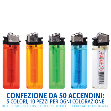 Box 50 Accendini a Pietrina Colorati Trasparenti - Fiamma Regolabile Polyflame