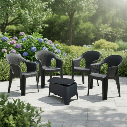 Set Salottino Esterno "Giorgia": Poltrone Effetto Rattan + Tavolino Contenitore Salvaspazio Set Giardino – 4 Poltrone + Tavolino Box Casalinghi Sicignano