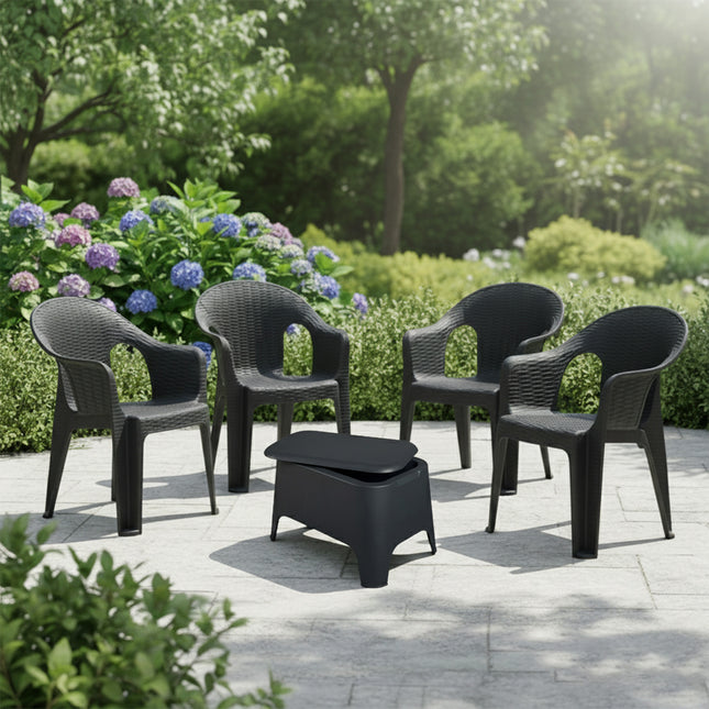 Set Salottino Esterno "Giorgia": Poltrone Effetto Rattan + Tavolino Contenitore Salvaspazio Set Giardino – 4 Poltrone + Tavolino Box Casalinghi Sicignano