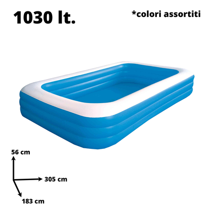 Piscine Gonfiabili Rettangolari Azzurre e Arancioni – 2 o 3 Tubi, Diverse Misure con Fondo Morbido e Cuscini Integrati