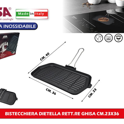 Bistecchiera in Ghisa per Induzione Ilsa Dietella Rettangolare 23x36 cm | Piastra Rigata per Grigliare Senza Grassi, Gas e Vetroceramica Ilsa