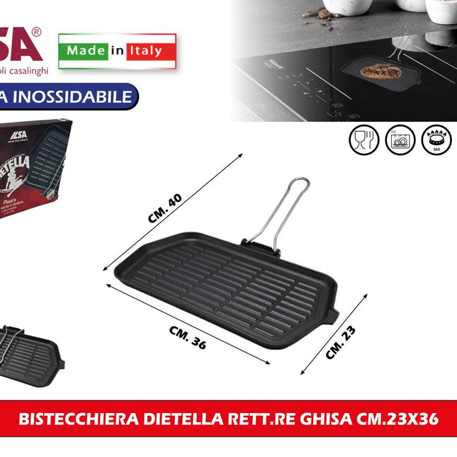 Bistecchiera in Ghisa per Induzione Ilsa Dietella Rettangolare 23x36 cm | Piastra Rigata per Grigliare Senza Grassi, Gas e Vetroceramica Ilsa