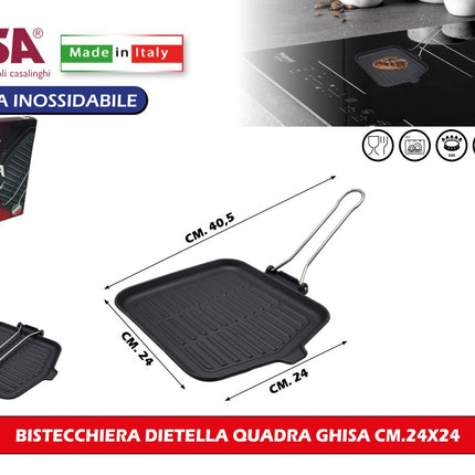 Bistecchiera in Ghisa per Induzione Ilsa Dietella Quadra 24x24 cm | Piastra Rigata per Grigliare Senza Grassi, Gas e Vetroceramica Ilsa