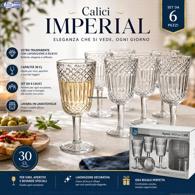 Calici Imperial in Vetro 30 cl – Set 6 Pezzi con Lavorazione Decorativa, Ideali per Vino, Aperitivi e Bevande Speciali General Trade