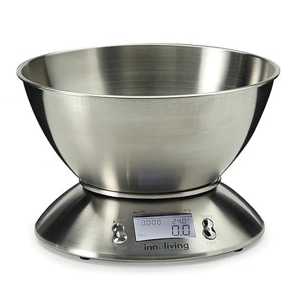 Innoliving Bilancia Elettronica Digitale da Cucina INN-127 con Grande Ciotola da 2L in Acciaio Inox, Display LCD Retroilluminato, 5kg x 1g, Funzioni Timer e Termometro Temperatura Innoliving