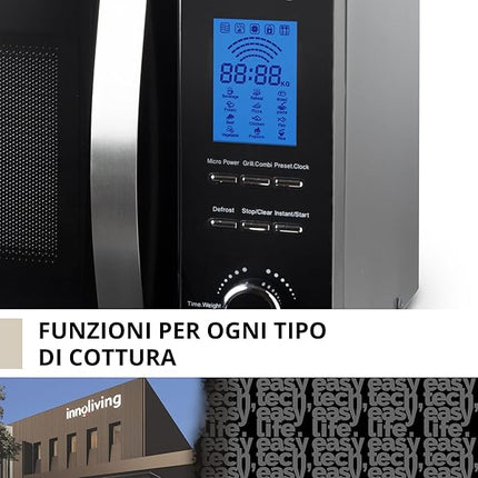 Innoliving Forno a Microonde 23 Litri INN-862S, 800W con Grill, 5 Livelli di Potenza, Funzione Scongelamento, Timer 60 Minuti, Design Elegante in Acciaio, Perfetto per Riscaldare, Cuocere e Scongelare Innoliving
