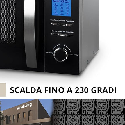 Innoliving Forno a Microonde 23 Litri INN-862S, 800W con Grill, 5 Livelli di Potenza, Funzione Scongelamento, Timer 60 Minuti, Design Elegante in Acciaio, Perfetto per Riscaldare, Cuocere e Scongelare Innoliving